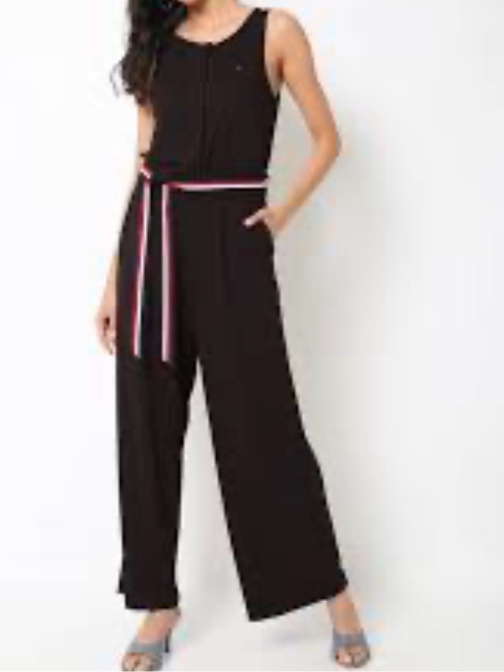 Tommy Hilfiger Black Jumpsuit Women 1X Wide Leg Cropped Belted  Stretch Pockets